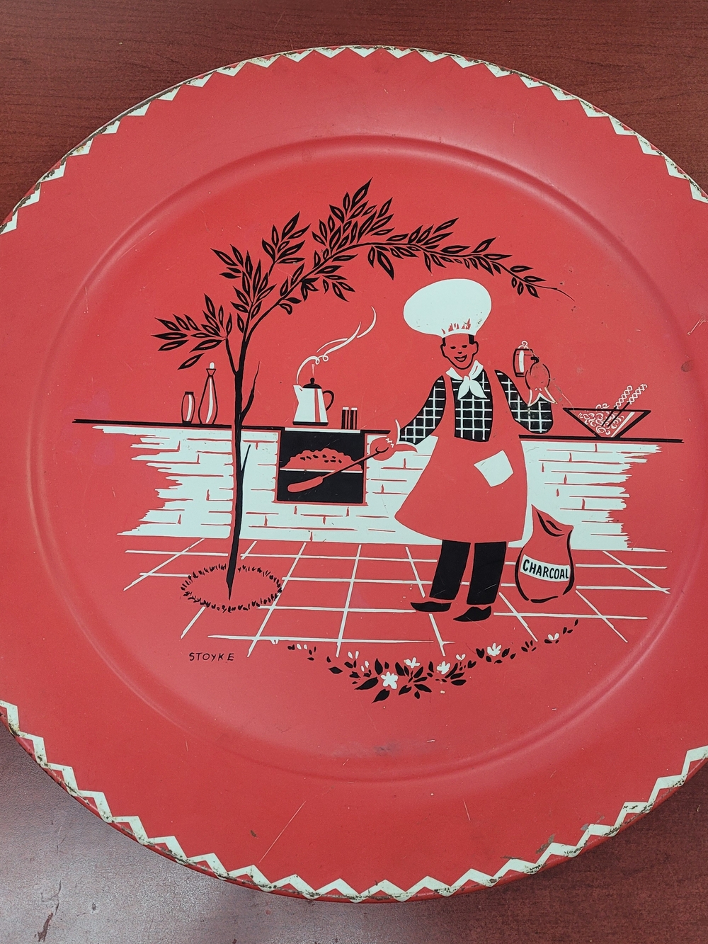 Red Decorative Kitchen Tray with Chef Illustration Grilling Barbecue